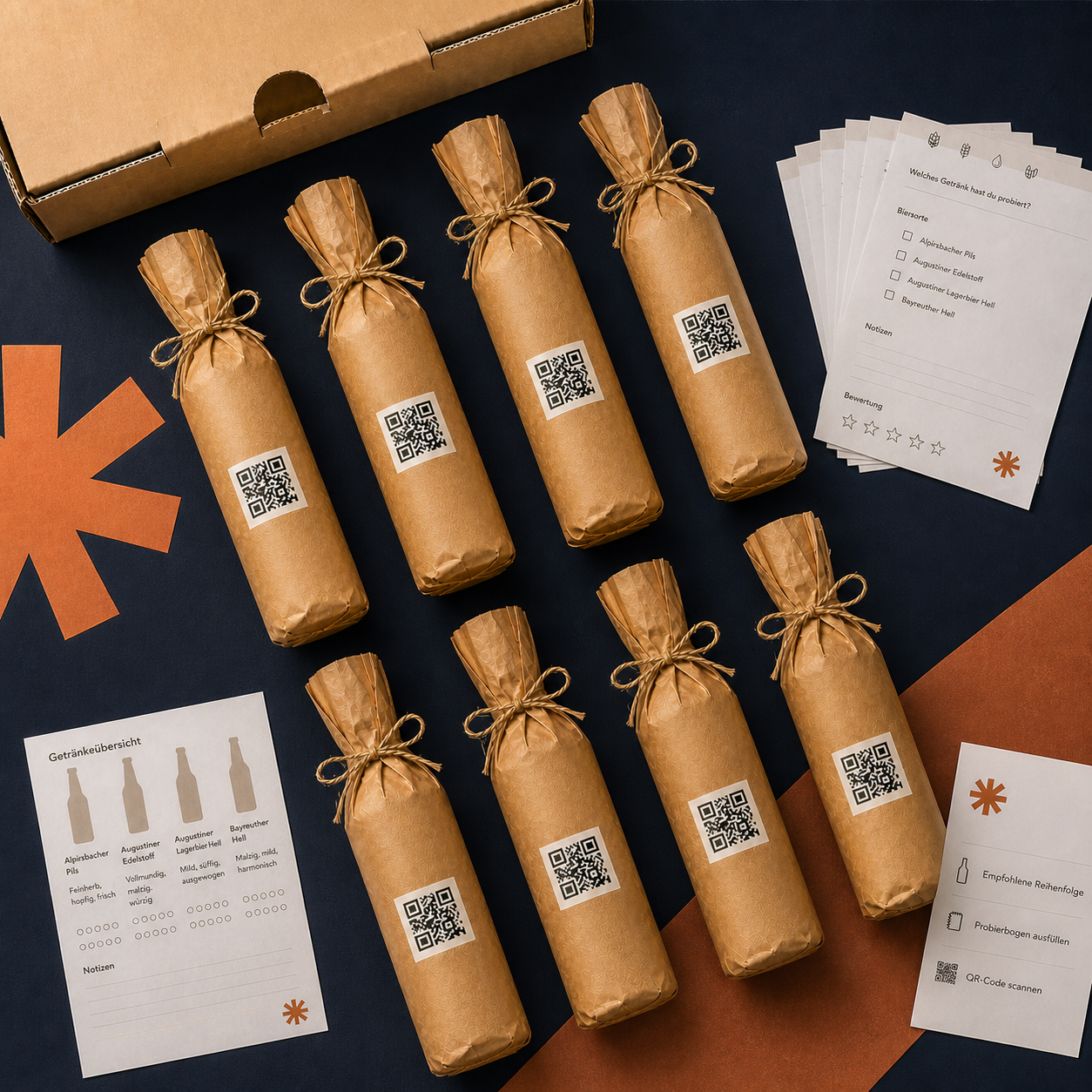 Bierprobe Große Runde – acht verpackte Flaschen und Papierbögen