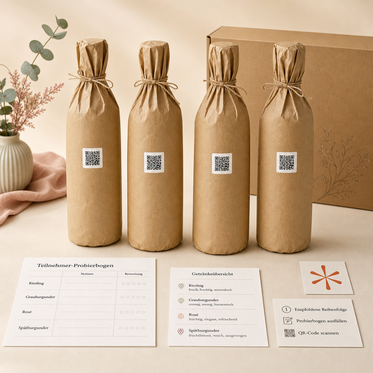 Weinprobe Entdecker – vier verpackte Flaschen und Papierbögen
