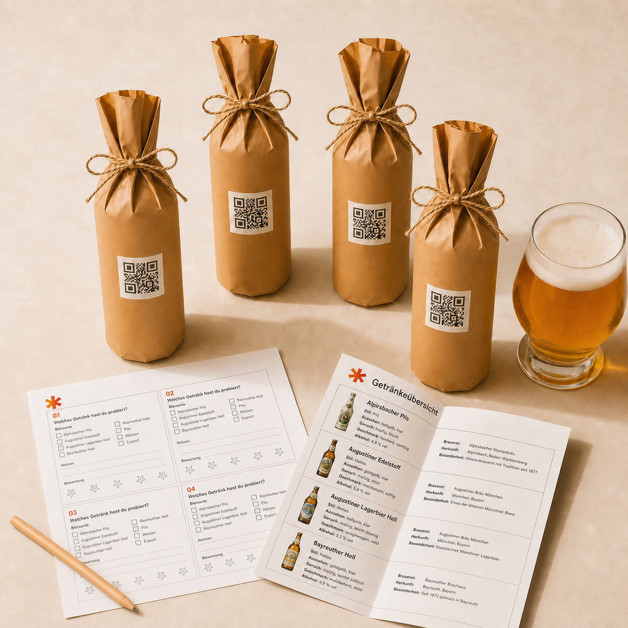Bierprobe Entdecker mit vier blind verpackten Bierflaschen, Probierbogen und Getränkeübersicht
