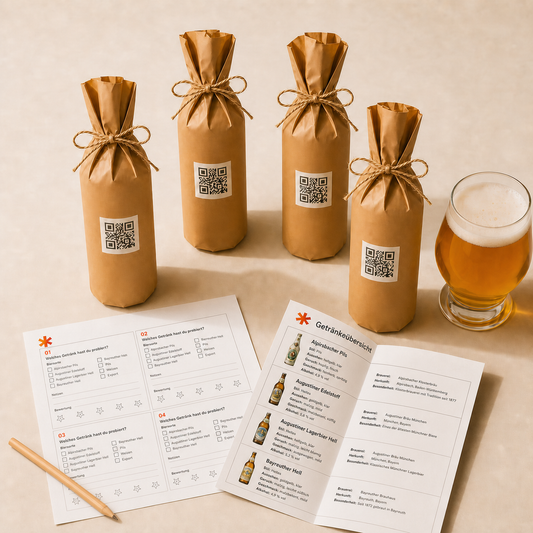 Bierprobe Entdecker mit vier blind verpackten Bierflaschen, Probierbogen und Getränkeübersicht