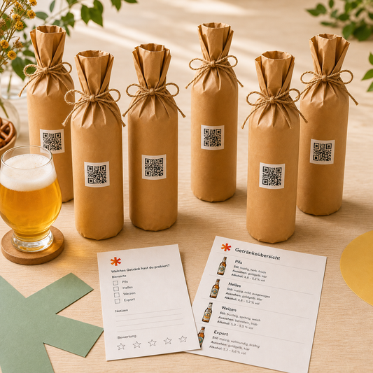 Bierprobe Freunde mit sechs blind verpackten Flaschen – Produktansicht