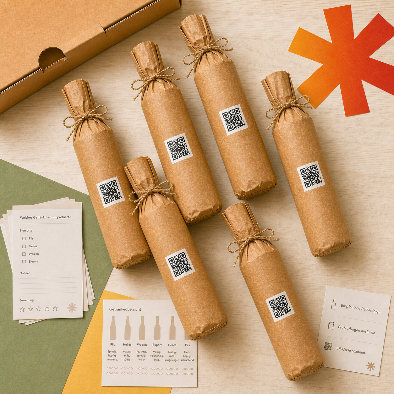 Bierprobe Freunde – sechs verpackte Flaschen und Papierbögen