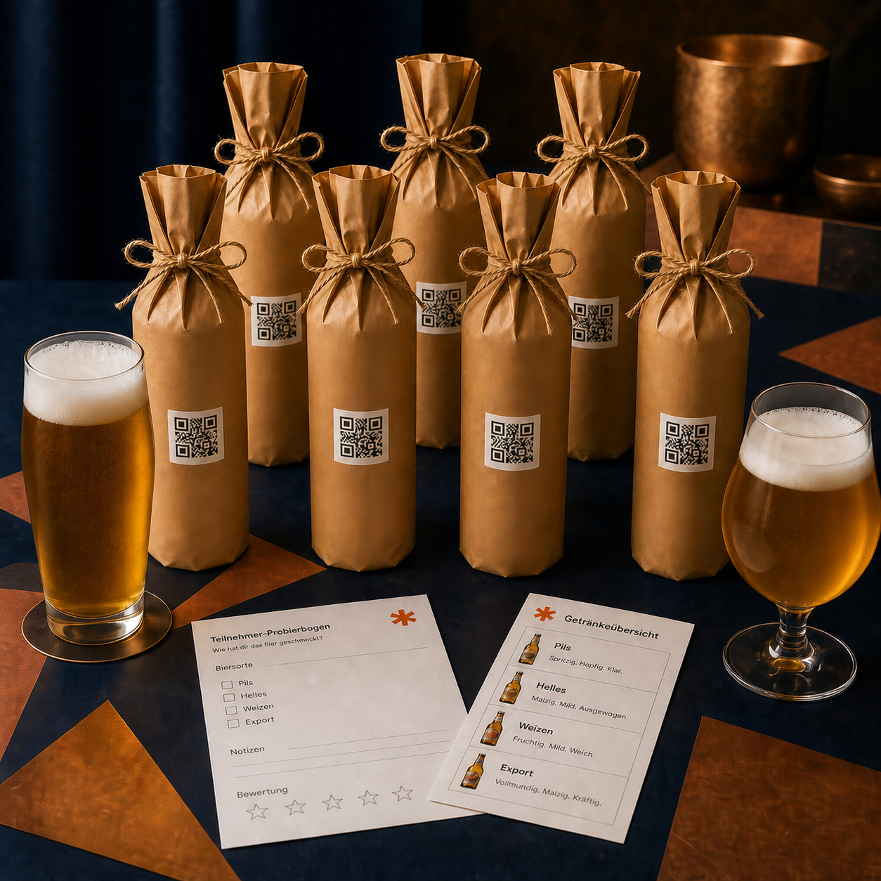 Bierprobe Große Runde mit acht blind verpackten Flaschen – Produktansicht
