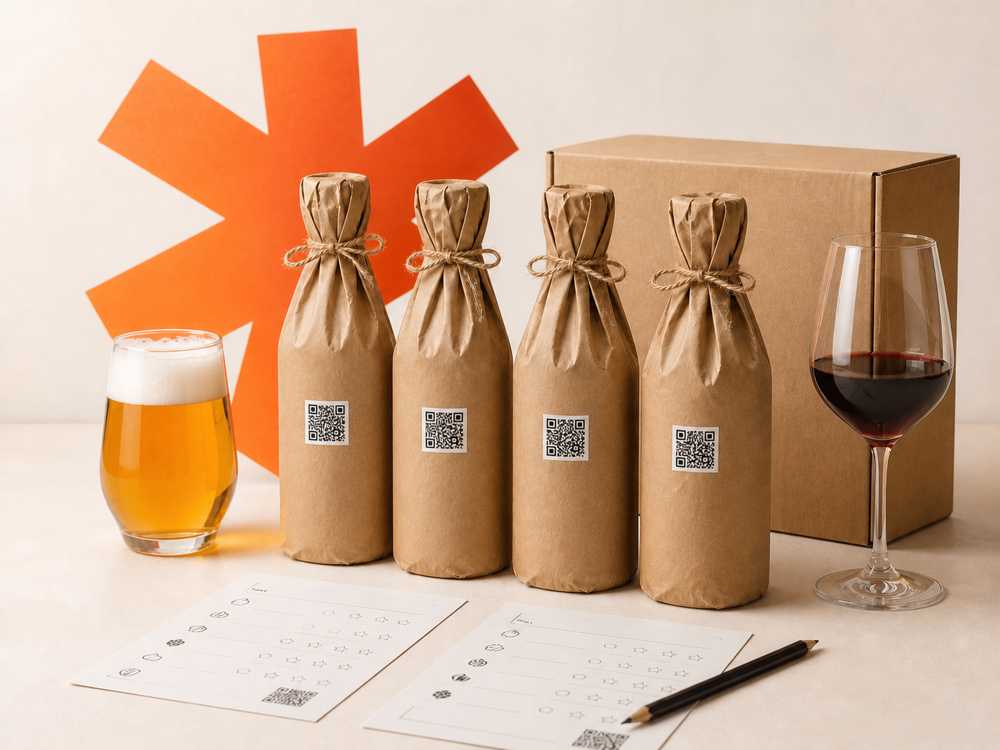 probier Blindverkostungsset mit in Kraftpapier verpackten Flaschen, QR-Codes, Probierbögen, Bier und Wein