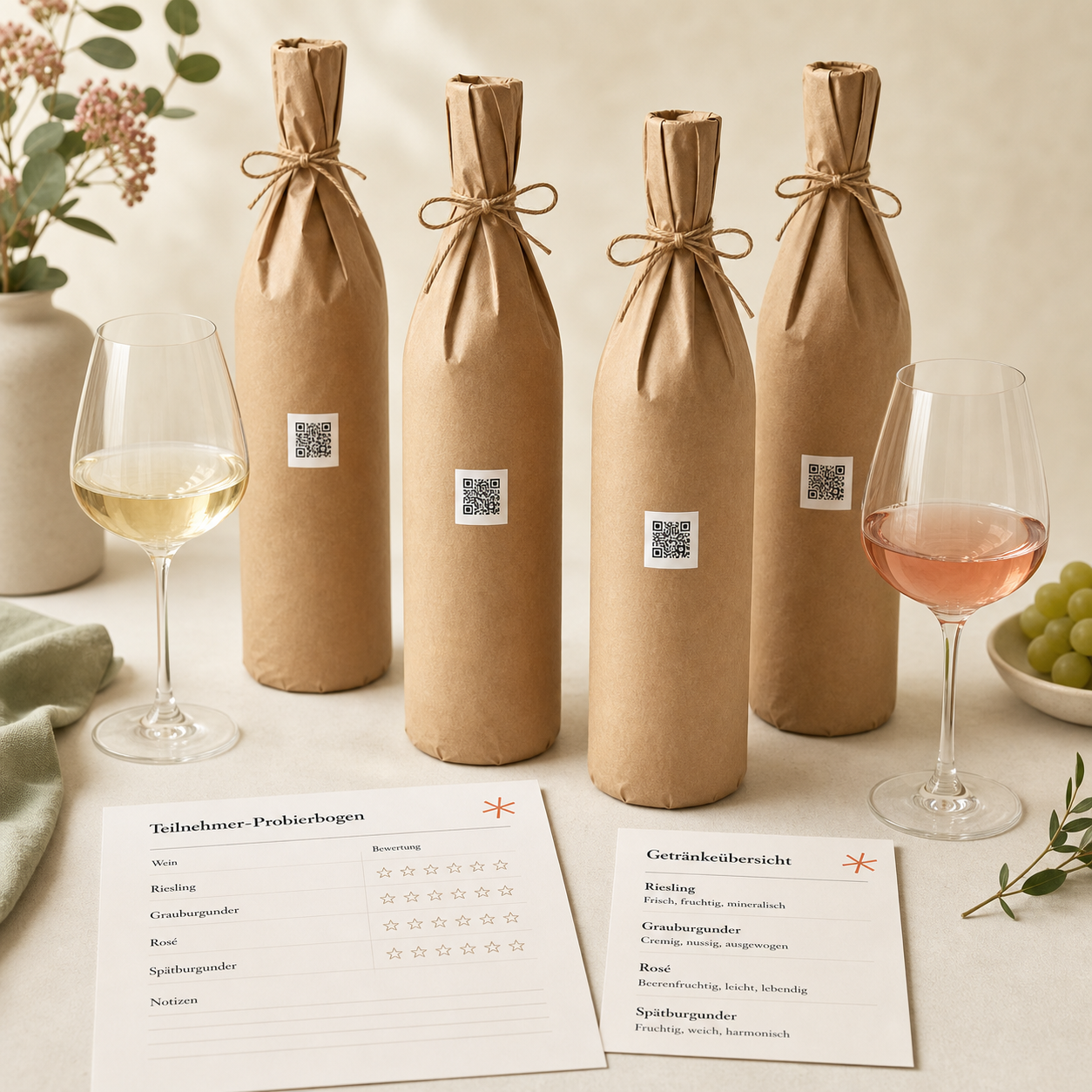Weinprobe Entdecker mit vier blind verpackten Flaschen – Produktansicht