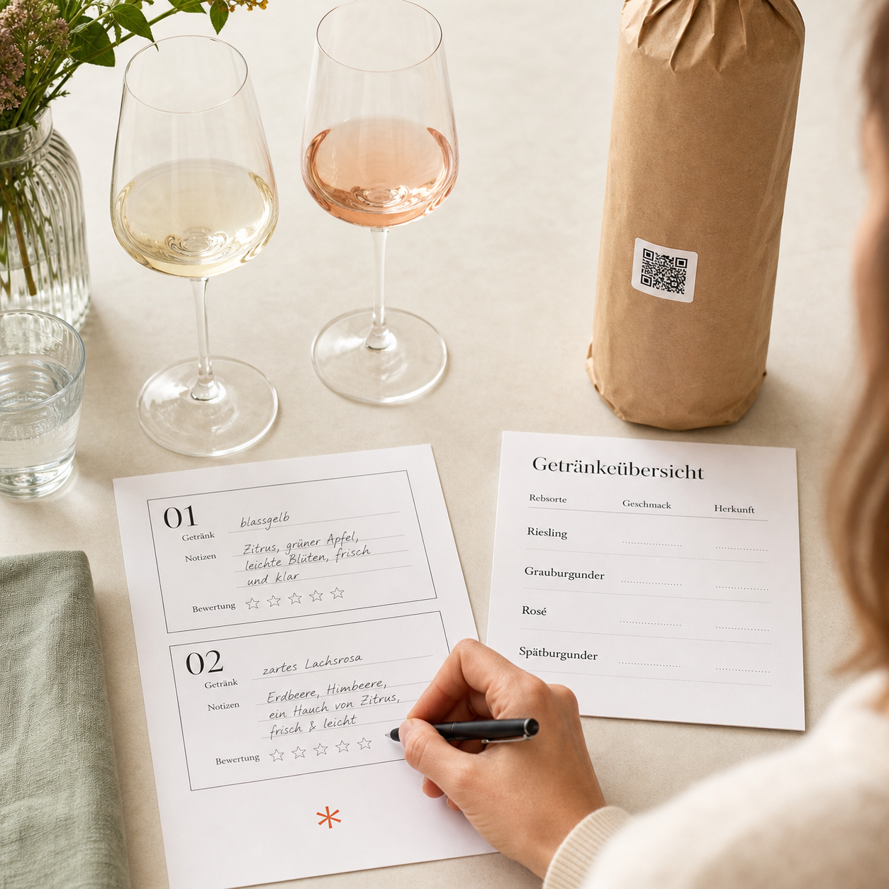 Weinprobe Entdecker – Probierbogen und Getränkeübersicht beim Ausfüllen