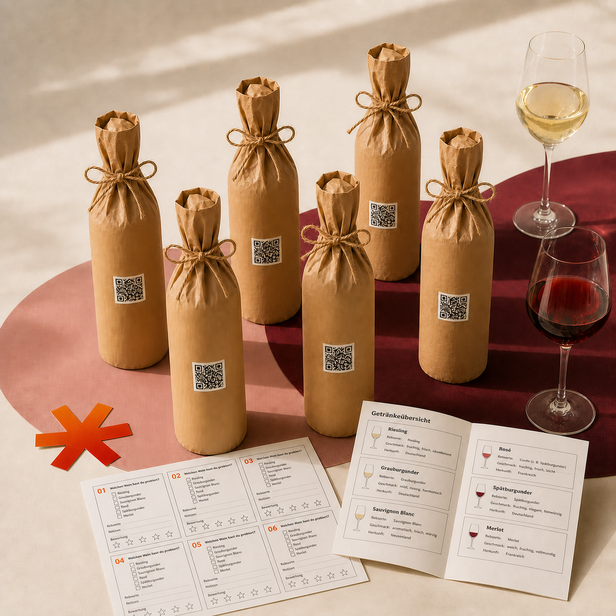 Weinprobe Große Runde mit sechs blind verpackten Weinflaschen, Probierbogen und Getränkeübersicht